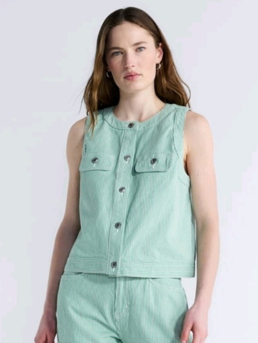 Sleeveless Mint Striped Button-Front Vest